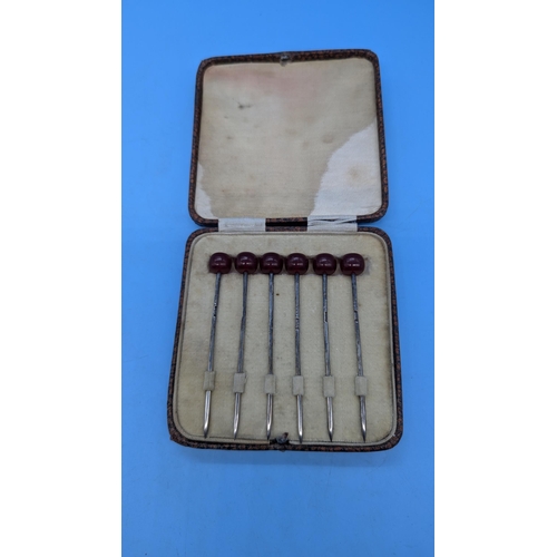 13 - A Cased Set of Hallmarked Silver Art Deco Cocktail Sticks Circa 1930