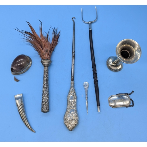 25 - An Assortment of Hallmarked Silver Items. Balleen Handles Toasting Fork, Button Hook