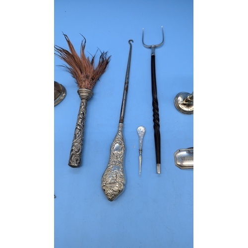 25 - An Assortment of Hallmarked Silver Items. Balleen Handles Toasting Fork, Button Hook