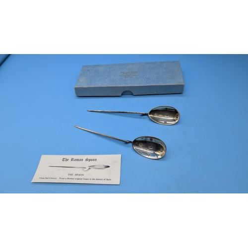 34 - A Boxed Pair of Hallmarked Silver Reproduction Roman Spoons