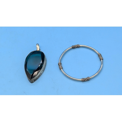 641 - A Large Faceted Tourmaline Gemstone Pendant in .925 Silver Setting (6cm Length) and Bangle