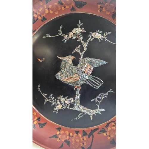 788 - An Antique Pair of Japanese Black Lacquerware. Mother of Pearl & Wooden Design Wall Hanging Plates w... 