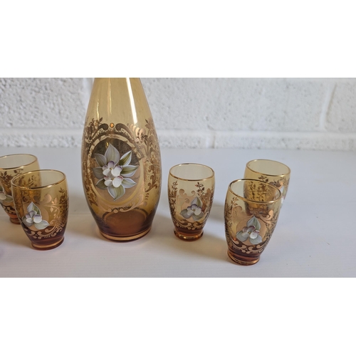 789 - Vintage Italian Murano Glass Decanter Set with 1x Decanter & 6 x Glasses with Gold Enamel Flowers & ... 