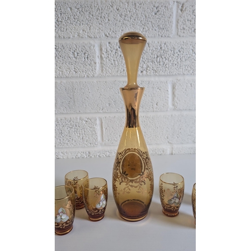 789 - Vintage Italian Murano Glass Decanter Set with 1x Decanter & 6 x Glasses with Gold Enamel Flowers & ... 