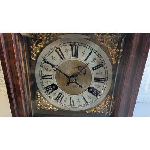 743 - Antique Solid Wood Mantle Clock with Key in good condition with dust!