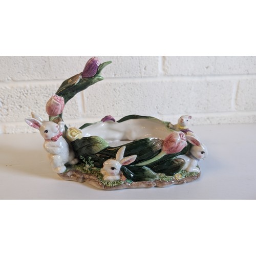 745 - Antique Majolica Bunny Easter Basket Decorated with Roses and Bunnies - Approx 28cm Long, 20cm High.... 