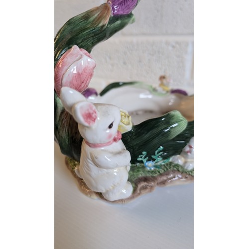 745 - Antique Majolica Bunny Easter Basket Decorated with Roses and Bunnies - Approx 28cm Long, 20cm High.... 