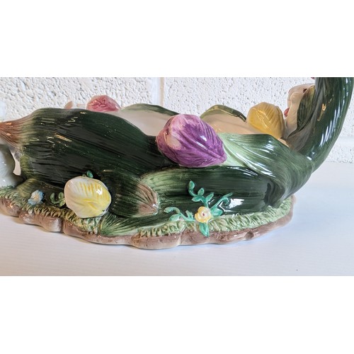 745 - Antique Majolica Bunny Easter Basket Decorated with Roses and Bunnies - Approx 28cm Long, 20cm High.... 