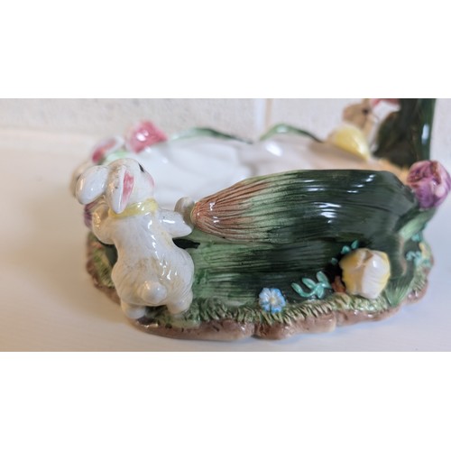 745 - Antique Majolica Bunny Easter Basket Decorated with Roses and Bunnies - Approx 28cm Long, 20cm High.... 