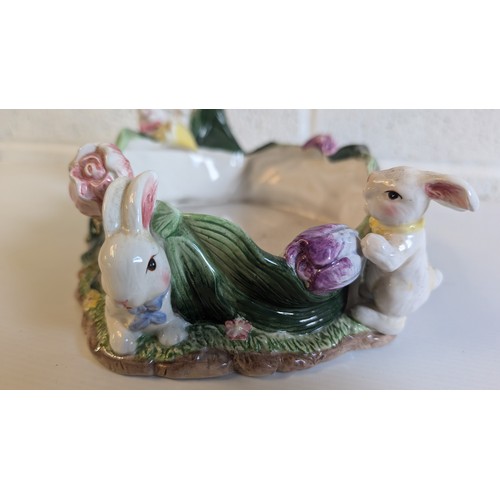 745 - Antique Majolica Bunny Easter Basket Decorated with Roses and Bunnies - Approx 28cm Long, 20cm High.... 