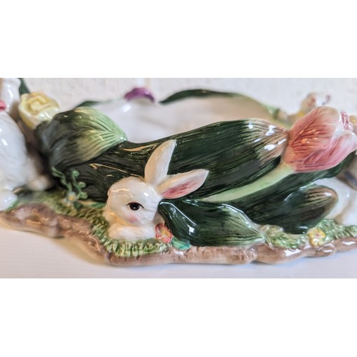 745 - Antique Majolica Bunny Easter Basket Decorated with Roses and Bunnies - Approx 28cm Long, 20cm High.... 