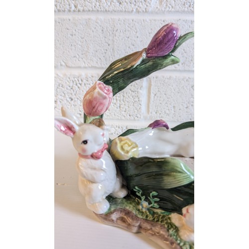 745 - Antique Majolica Bunny Easter Basket Decorated with Roses and Bunnies - Approx 28cm Long, 20cm High.... 