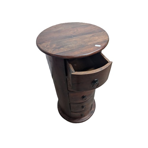 716 - Dark Wood Drum Table with 5 x Drawers 78cm High, 39cm Diameter