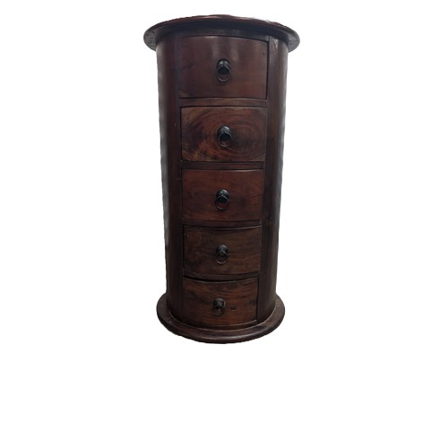 716 - Dark Wood Drum Table with 5 x Drawers 78cm High, 39cm Diameter