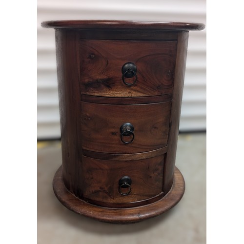 717 - Dark Wood Drum Table with 3 x Drawers 49cm High, 40cm Diameter