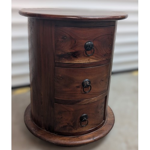 717 - Dark Wood Drum Table with 3 x Drawers 49cm High, 40cm Diameter