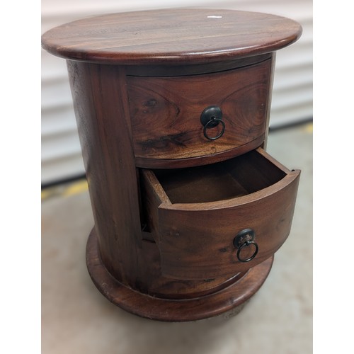 717 - Dark Wood Drum Table with 3 x Drawers 49cm High, 40cm Diameter