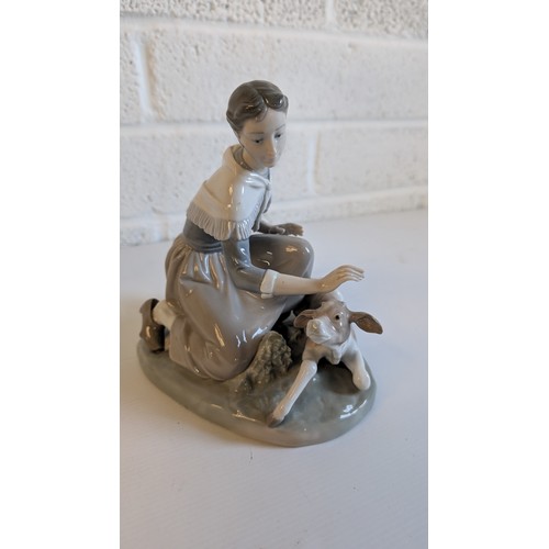 746 - 3 x Lladro Figurines - Milkmaid with Calf, Girl with Lamb and Basket of Cabbages, Milk Maid with Duc... 