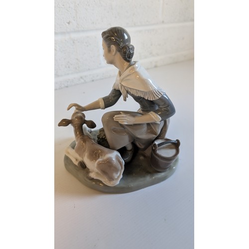 746 - 3 x Lladro Figurines - Milkmaid with Calf, Girl with Lamb and Basket of Cabbages, Milk Maid with Duc... 