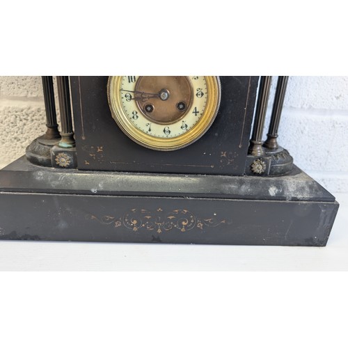 714 - A Vintage Corinthium Column Slate Mantle Clock - No Key. 40cm Wide, 35cm Tall - Very Heavy