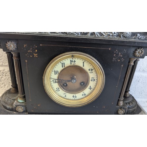 714 - A Vintage Corinthium Column Slate Mantle Clock - No Key. 40cm Wide, 35cm Tall - Very Heavy