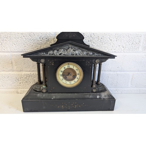 714 - A Vintage Corinthium Column Slate Mantle Clock - No Key. 40cm Wide, 35cm Tall - Very Heavy