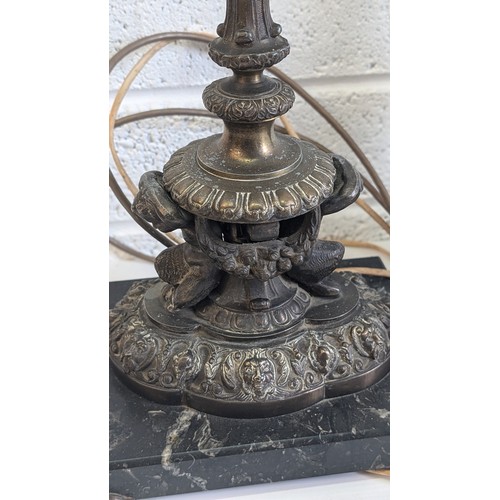 741 - Antique French Bronze and Marble Cherub Table Lamp approx. 47cm High, 23cm Wide and 17cm Deep .  In ... 