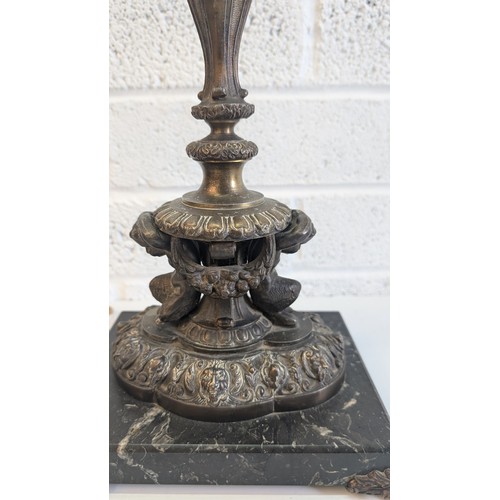 741 - Antique French Bronze and Marble Cherub Table Lamp approx. 47cm High, 23cm Wide and 17cm Deep .  In ... 