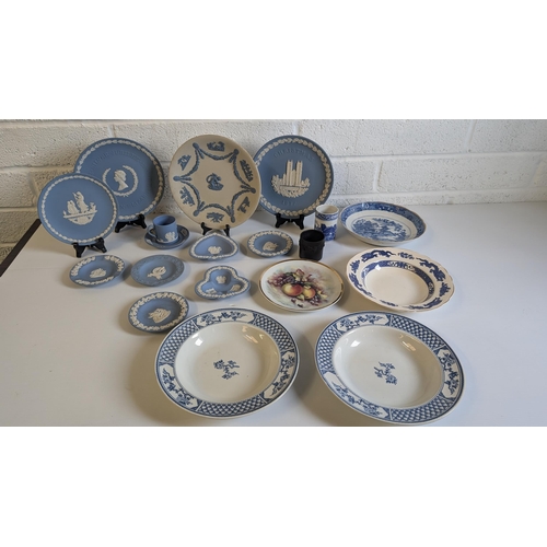 700 - A Selection of Antique Blue Jasperware Wedgewood Pin Dishes, Cup and Saucer plus a Wedgewood Blue on... 