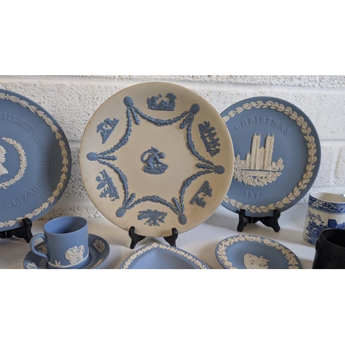 700 - A Selection of Antique Blue Jasperware Wedgewood Pin Dishes, Cup and Saucer plus a Wedgewood Blue on... 