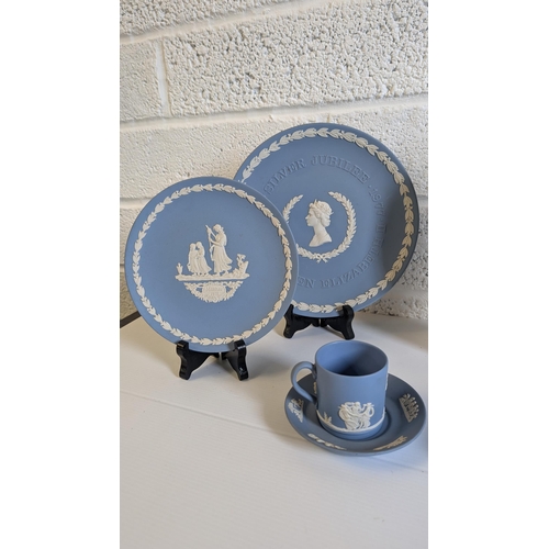 700 - A Selection of Antique Blue Jasperware Wedgewood Pin Dishes, Cup and Saucer plus a Wedgewood Blue on... 