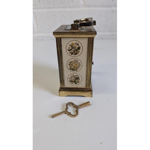 871 - Vintage Charles Frodsham Brass Carriage Clock with Painted Enamel Decoration ( with Key)