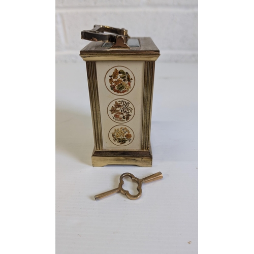 871 - Vintage Charles Frodsham Brass Carriage Clock with Painted Enamel Decoration ( with Key)