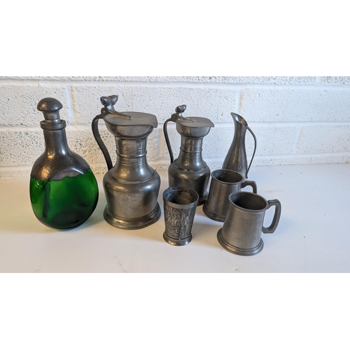 705 - A Collection of Vintage Pewter Items inc: A Royal Holland Daaldrop Green Glass Decanter Bottle 25cm ... 