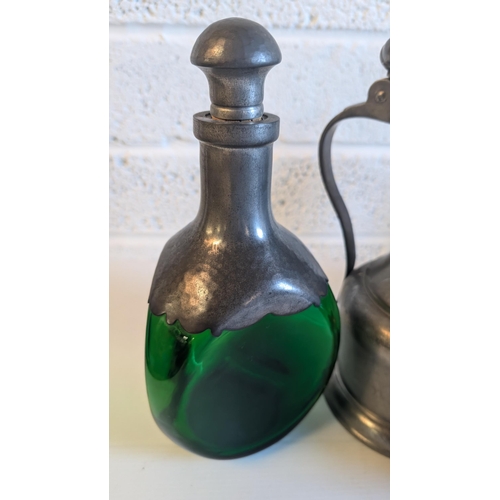 705 - A Collection of Vintage Pewter Items inc: A Royal Holland Daaldrop Green Glass Decanter Bottle 25cm ... 