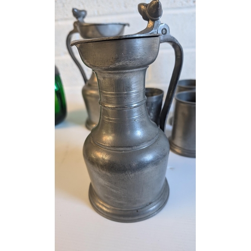 705 - A Collection of Vintage Pewter Items inc: A Royal Holland Daaldrop Green Glass Decanter Bottle 25cm ... 