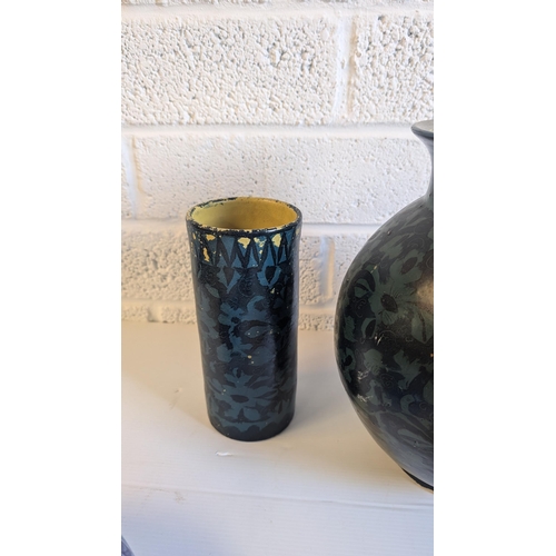 906 - Vintage Art Pottery Vase 29cm High, 20cm Diameter Green and Black Handpainted plus smaller Cylindric... 