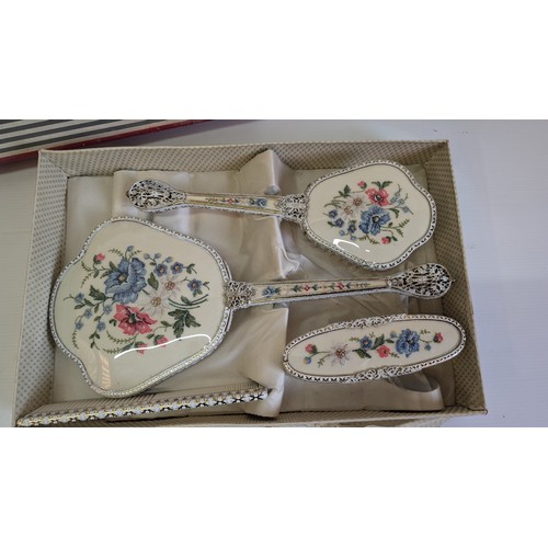 912 - Vintage Regents of London Gold Filigree Handled Embroidered Flowers Dressing Table Set in Original B... 