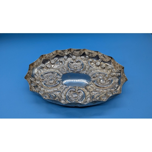 76 - A Hallmarked Silver Table Bowl, Scalloped Edged With Repousse Scroll And Foliate Surrounding A Blank... 