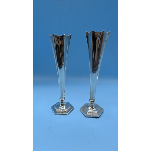 81 - A Pair Of Hallmarked Silver Trumpet Vases - SW Smith & CO. 1919 - Clay Filled 800gms