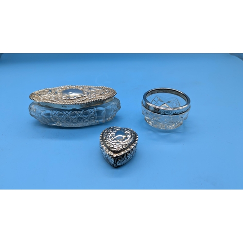 82 - A Hallmarked Silver And Cut Glass Trinket Box, Heart Shaped Box And Cut Glass Salt With Silver Rim