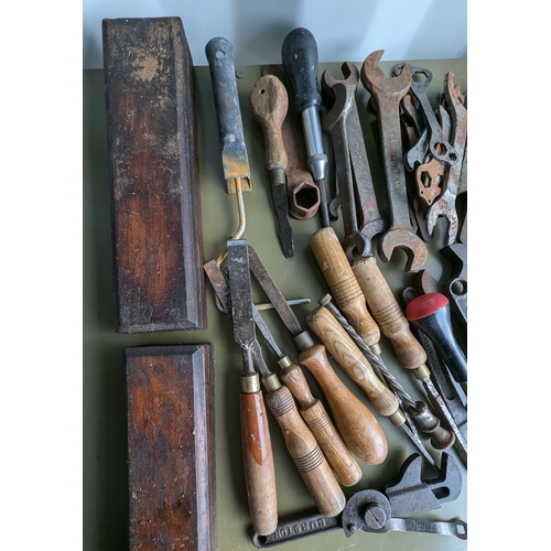 1113 - Box of Imperial Spanners, Chisels, Sharpening Stone etc.