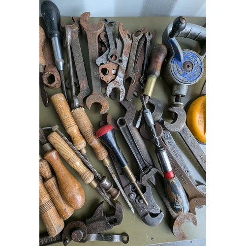 1113 - Box of Imperial Spanners, Chisels, Sharpening Stone etc.