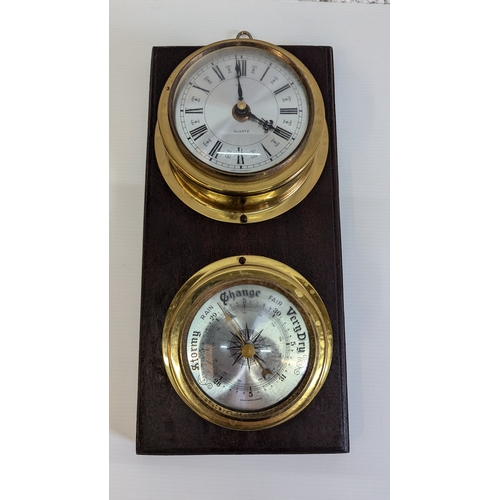 1132 - Brass Clock & Barometer on Wooden Plaque