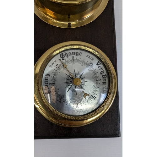 1132 - Brass Clock & Barometer on Wooden Plaque