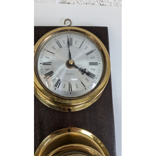 1132 - Brass Clock & Barometer on Wooden Plaque