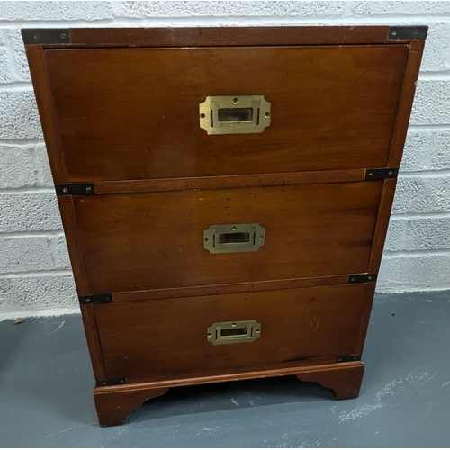 711 - 3 Drawer Campaign Chest with Brass Folding Handles & Banding. Measurements Height 62cm, Width 47cm, ... 