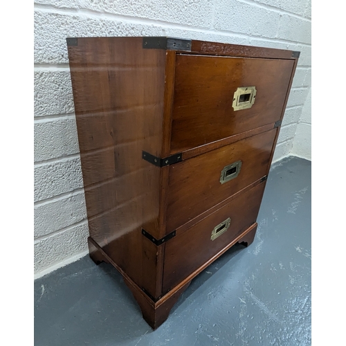 711 - 3 Drawer Campaign Chest with Brass Folding Handles & Banding. Measurements Height 62cm, Width 47cm, ... 