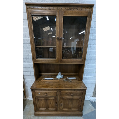 735 - Ercol Mural Display Cabinet with 2 Drawers & Lower Cupboard including Lights in 2 parts. Measurement... 