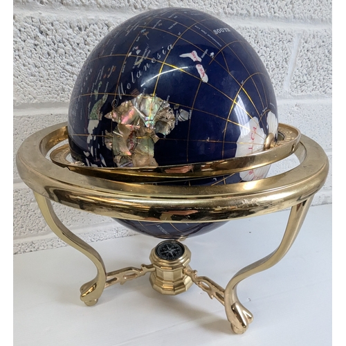 747 - Gemstone World Globe - 30cm Diameter Including Brass Surround x 35cm High